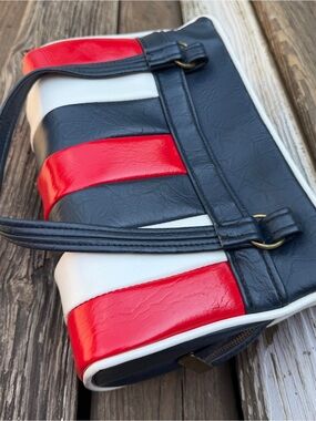 Vintage 70s Becky’s Red White Navy Striped Boxy Satchel Handbag Purse Mod